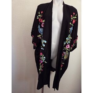 Romeo Juliet Couture Black Peacock Floral Embroidered Kimono Cardigan Robe L